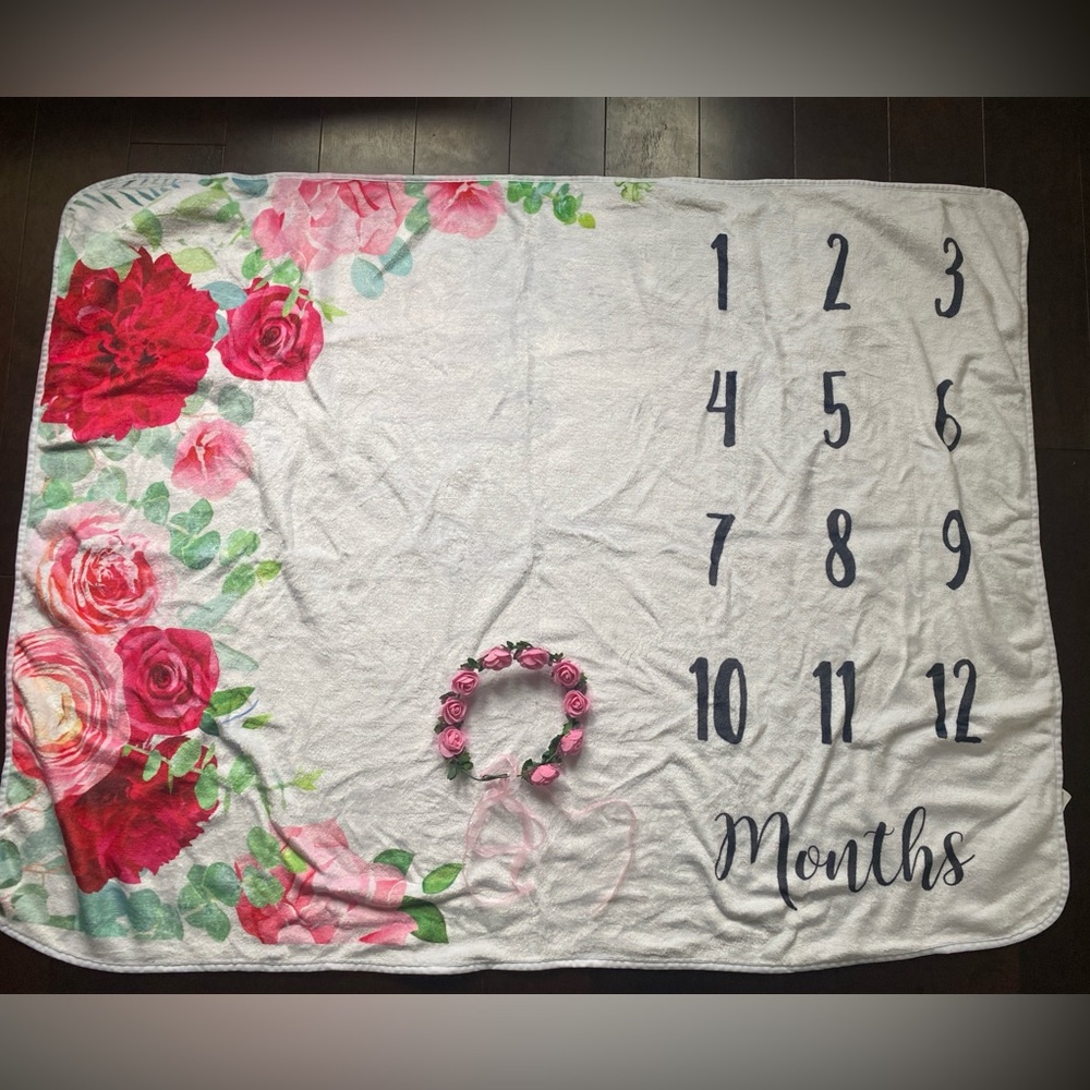 Baby Milestone Photo Blanket with Pink Floral Wreath